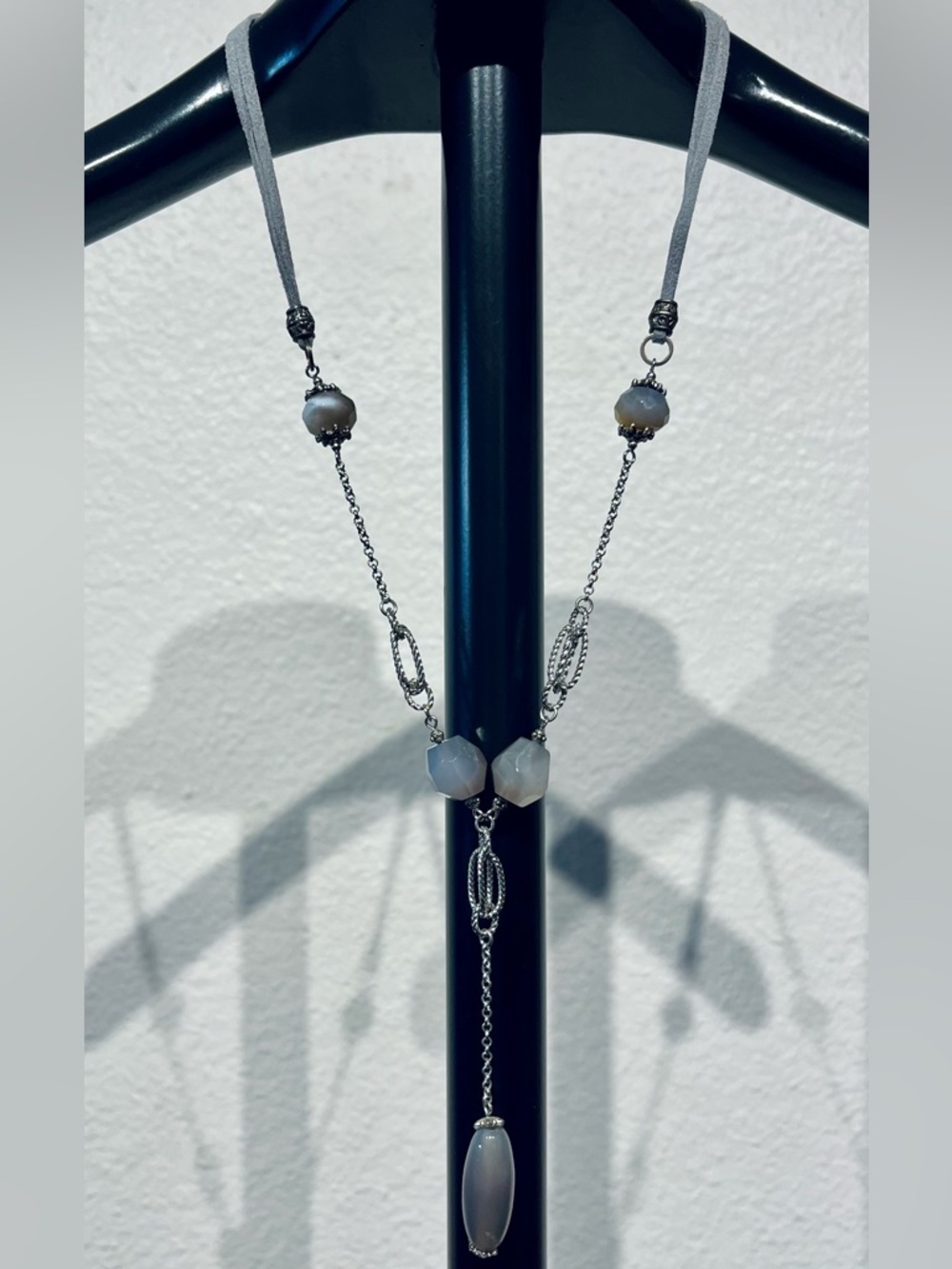 Vintage Silver-Tone and Smoky Gray Beaded Lariat Necklace